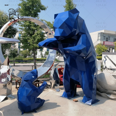 Stainless Steel Bear Sculpture Blue Geometric Mirror Metal Animal Statue Modern Art Outdoor Garden