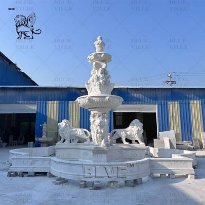 Natural White Marble Fountain Lion Ladies Statues Water Feature Stone Fountains Large Outdoor Villa Garden Custom