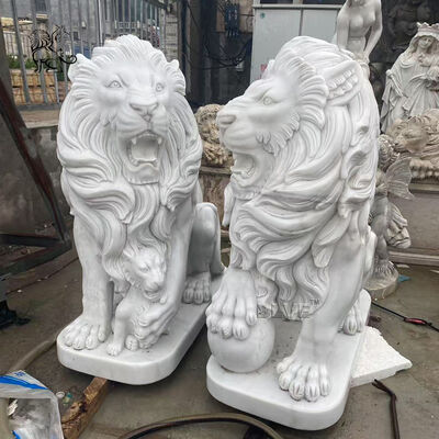 White Marble Lion Statue Life Size Fengshui Animal Stone Sculpture Handcarved Outdoor Garden Villa Hotel Entrance Design