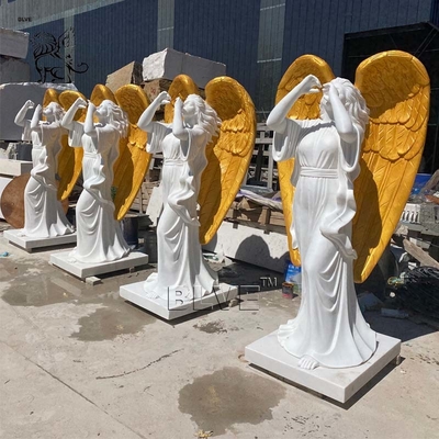 White Marble Victory Angel Statue Blow The Horn Life Size Garden Stone Greek Sculpture Outdoor Decoration