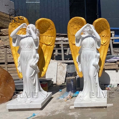 White Marble Victory Angel Statue Blow The Horn Life Size Garden Stone Greek Sculpture Outdoor Decoration