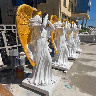 White Marble Victory Angel Statue Blow The Horn Life Size Garden Stone Greek Sculpture Outdoor Decoration