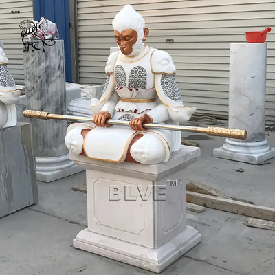 Marble Sun Wukong Sculptures Fighting Holy Buddha Monkey King Stone Statue Chinese Home Decor