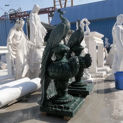 Green Marble Peacock Statue Sculpture Life Size Natural Stone Carvings Animal Sculptures Garden Home Decoration