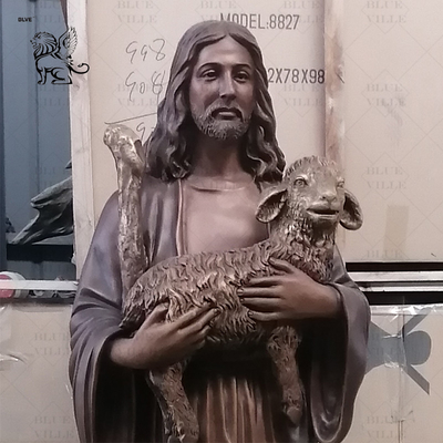 Bronze Shepherd Jesus Statue Holding Lamb Sculpture Christian Religious Life Size Metal Church Casting