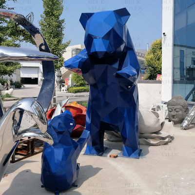 Stainless Steel Bear Sculpture Blue Geometric Mirror Metal Animal Statue Modern Art Outdoor Garden