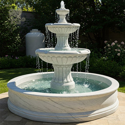 Marble Water Fountain 3 Tier White Round Fountain Hand Carved Outdoor Garden Decorative Custom