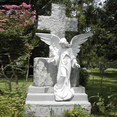 Life Size Cemetery Angel Statues Monument White Marble Sculpture Custom Outdoor