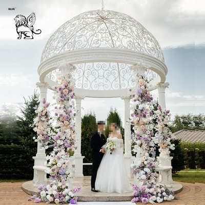 White Marble Columns Gazebo Luxury Iron Dome Garden Pavilion Hand Carved Patio Villa Landscaping Project