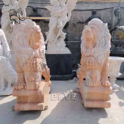 White Marble Roaring Lion Statues Western Style Entrance Animal Sculpture Outdoor Villa
