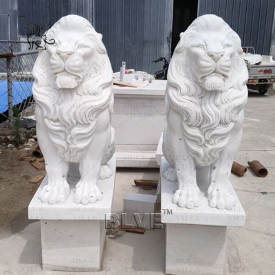 White Marble Roaring Lion Statues Western Style Entrance Animal Sculpture Outdoor Villa