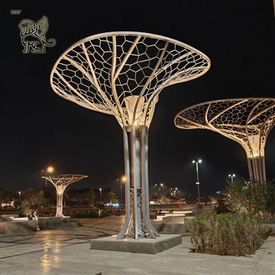 Stainless Steel Tree Sculpture Large Public Art Metal Sunshade Pavilion Luxury Outdoor Hotel Square