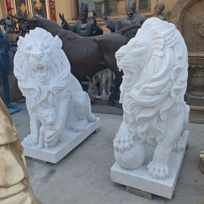 White Marble Lion Statue Life Size Fengshui Animal Stone Sculpture Handcarved Outdoor Garden Villa Hotel Entrance Design
