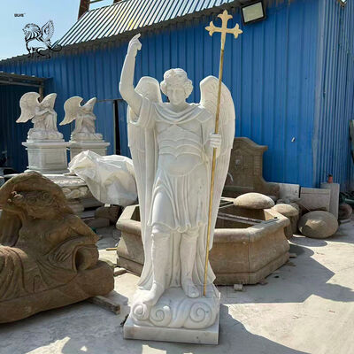 White Marble Life Size Archangel Michael Statues Religious Saint Angel Sculpture Outdoor Church Project