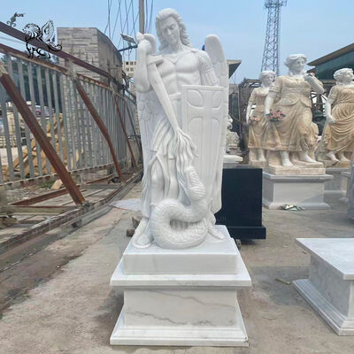Estatuas del arcángel Miguel de mármol blanco de tamaño natural Estatua del ángel santo religioso Escultura de la iglesia al aire libre Proyecto
